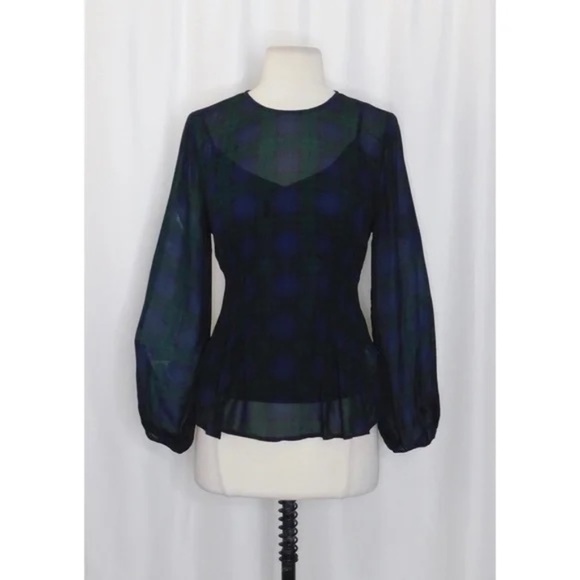 NEW!! J. CREW Chiffon Shirred-Waist Top Black Watch Tartan Plaid Copper Green 2 - Picture 3 of 14